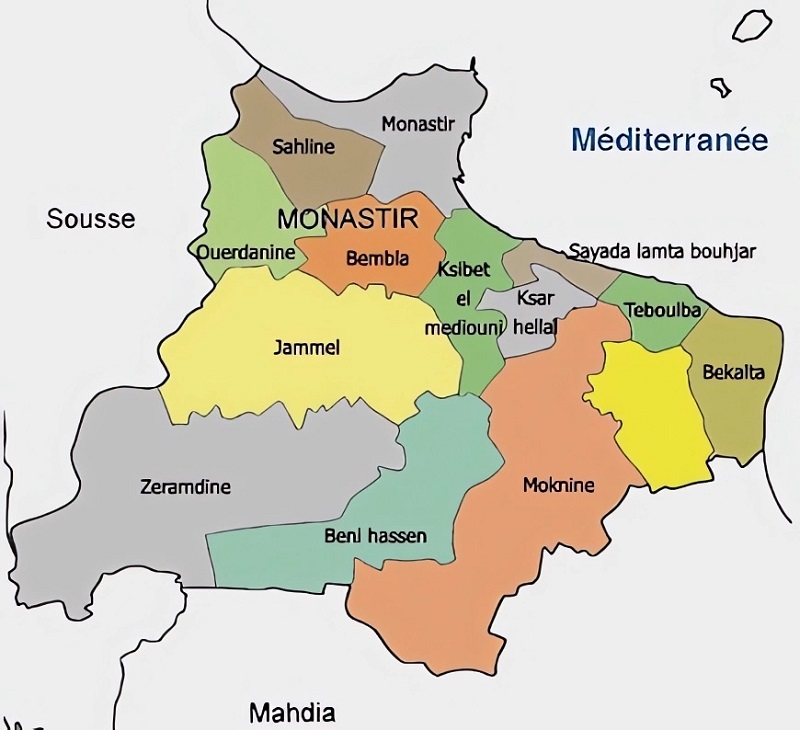 Carte des délégations du gouvernorat de Monastir.