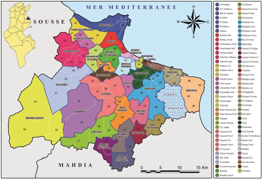 Carte des municipalités du gouvernorat de Monastir.