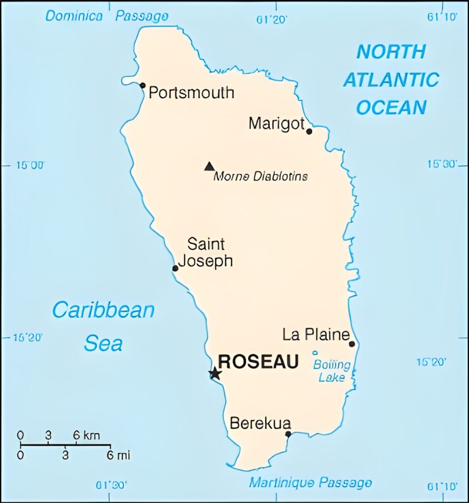 Carte des principales villes et villages de la Dominique