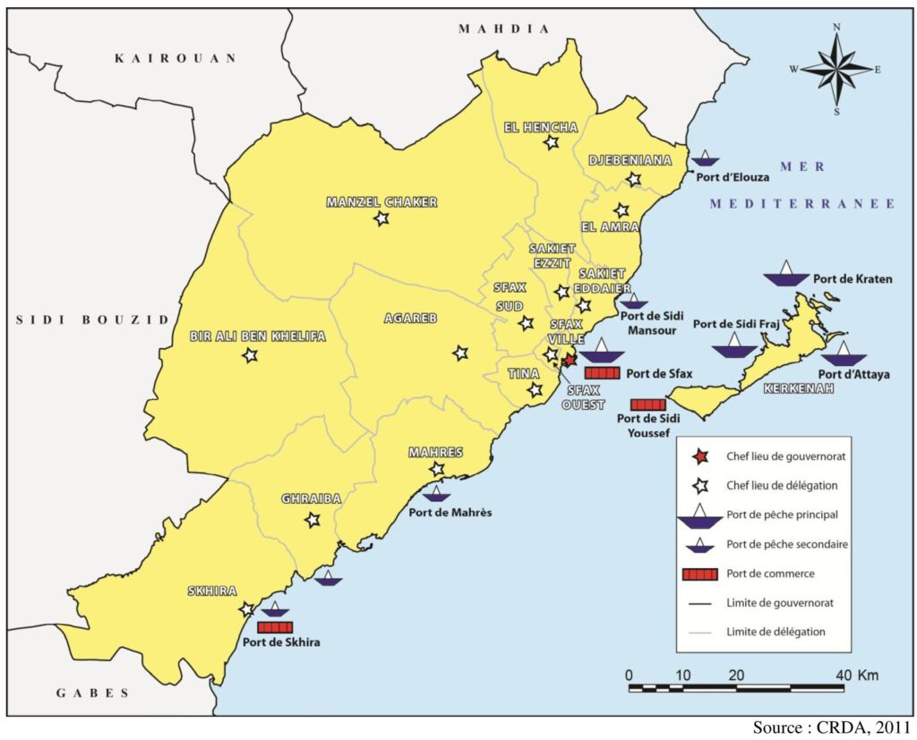 Carte des principaux ports du gouvernorat de Sfax en 2011.