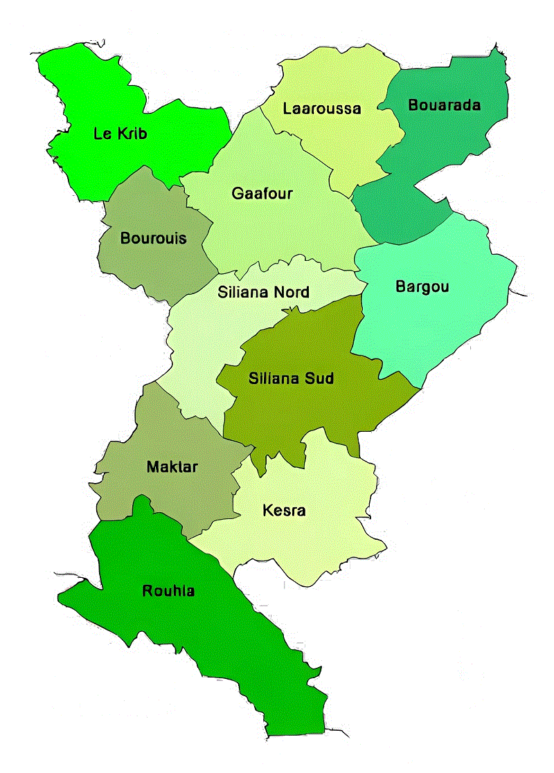 Carte des délégations du gouvernorat de Siliana.
