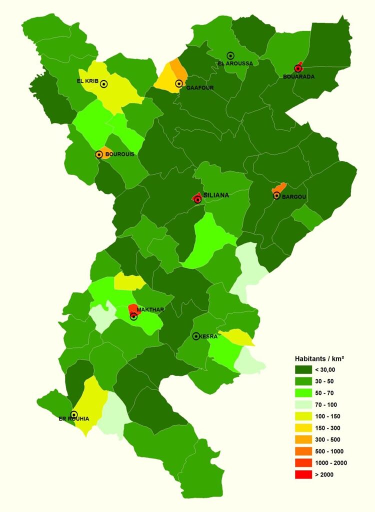 Carte de densités de population dans le gouvernorat de Siliana.