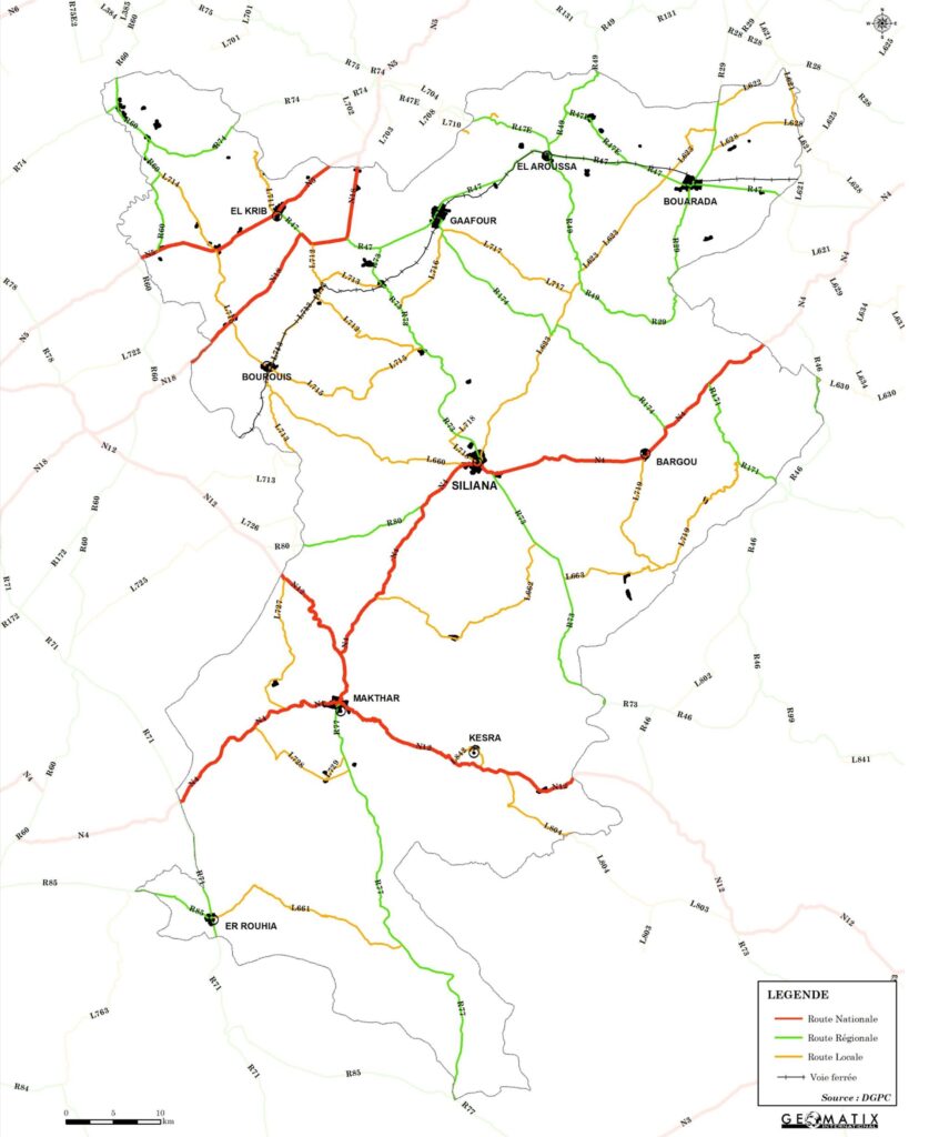 Carte routière du gouvernorat de Siliana.