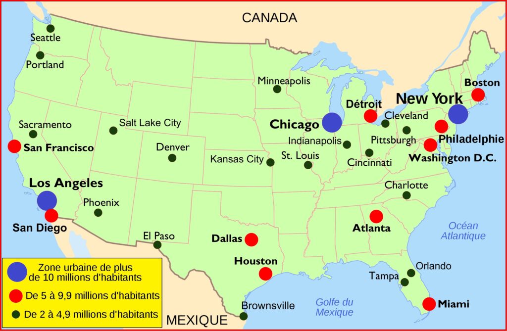 Carte des principales villes des États-Unis.
