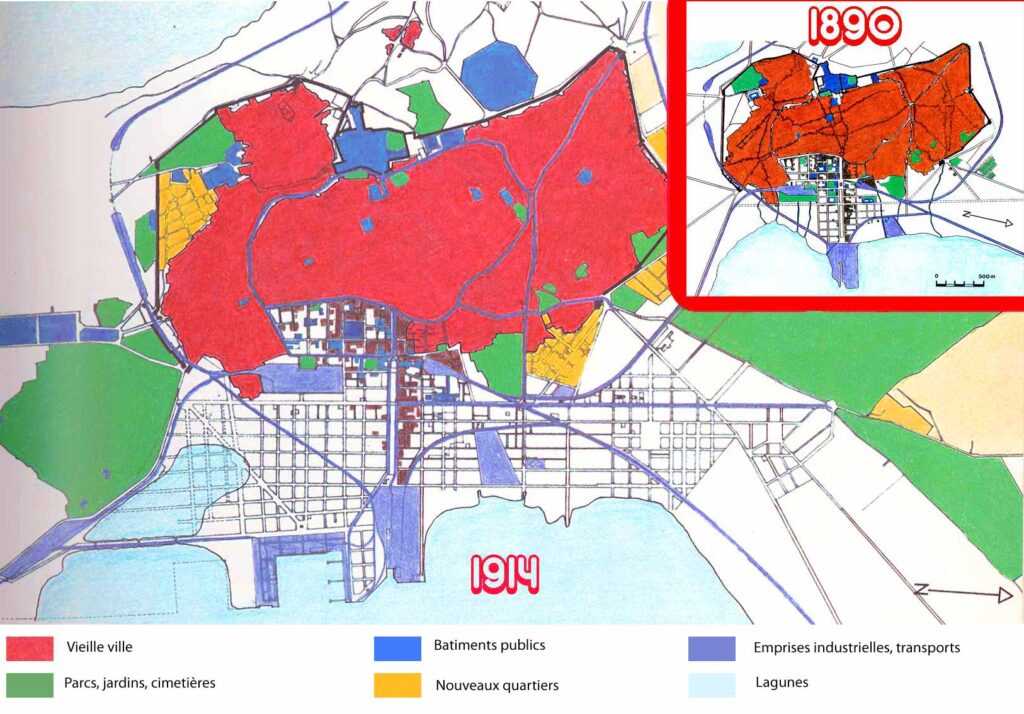 Carte de l'évolution urbaine de la ville de Tunis entre 1890 et 1914.