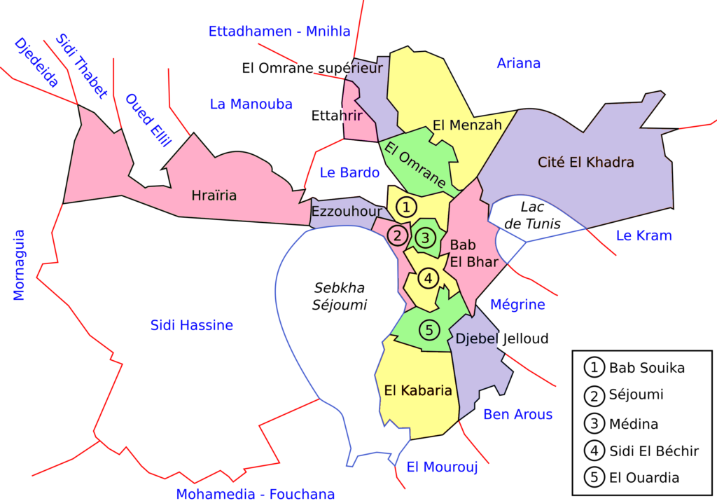 Carte des arrondissements de Tunis.