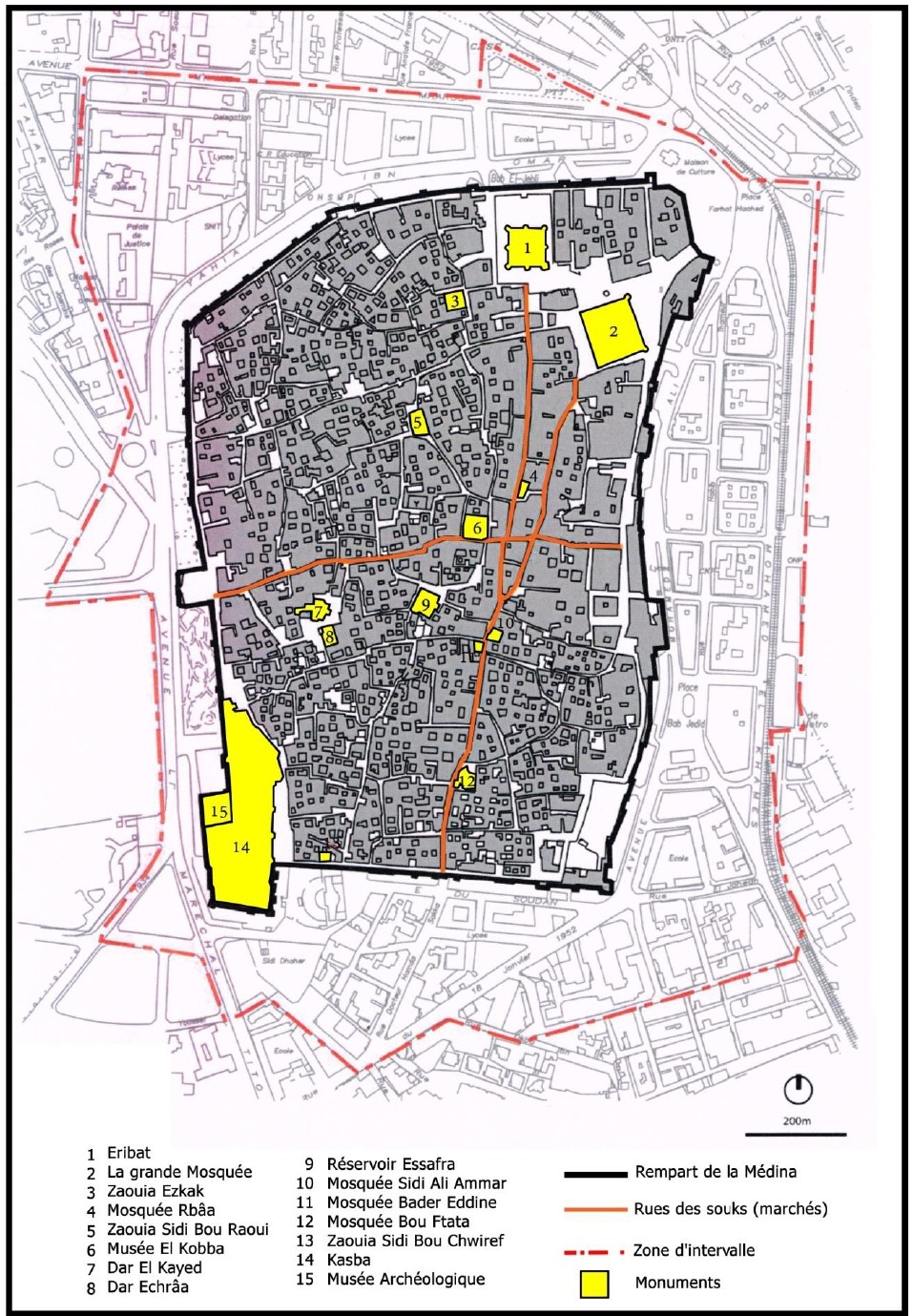 Plan de la médina de Sousse et ses monuments.