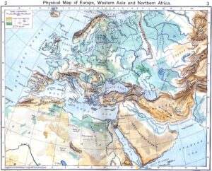 Carte physique historique de l'Europe, de l'Asie occidentale et de l'Afrique du Nord.