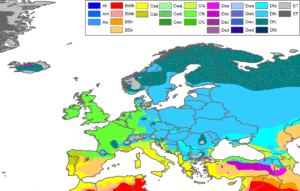 Carte de classification climatique de Köppen-Geiger pour l'Europe.