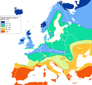 Carte des heures d'ensoleillement en Europe.