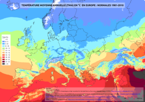 Carte des températures annuelles moyennes en Europe 1981-2010.
