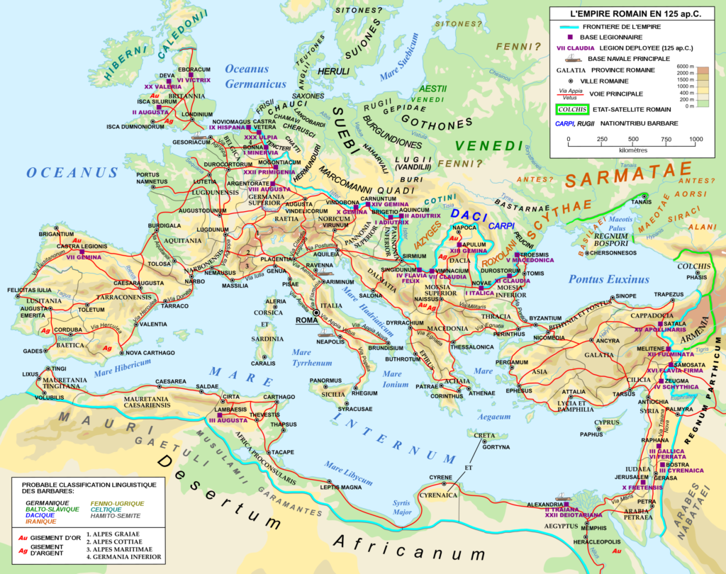 Carte de l'Empire romain et de l'Europe en 125 ap. C.