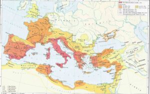Carte de l'étendue maximale de l'Empire romain 200 BC-117.