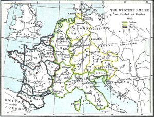 Carte des royaumes francs après le partage de Verdun en 843.