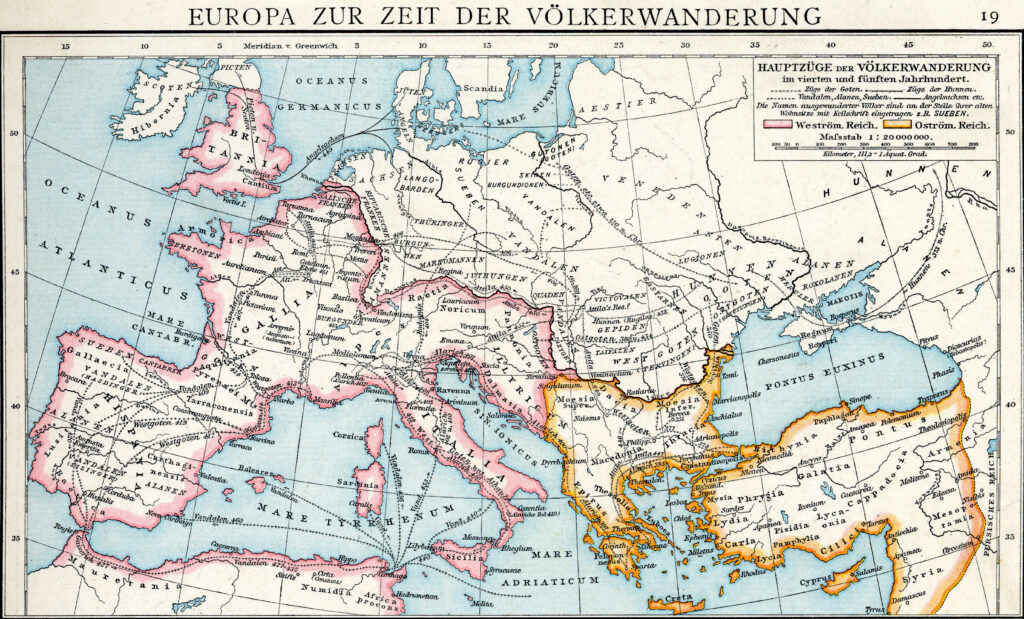 Carte de l'Europe au temps des invasions barbares aux IVe et Ve siècles.