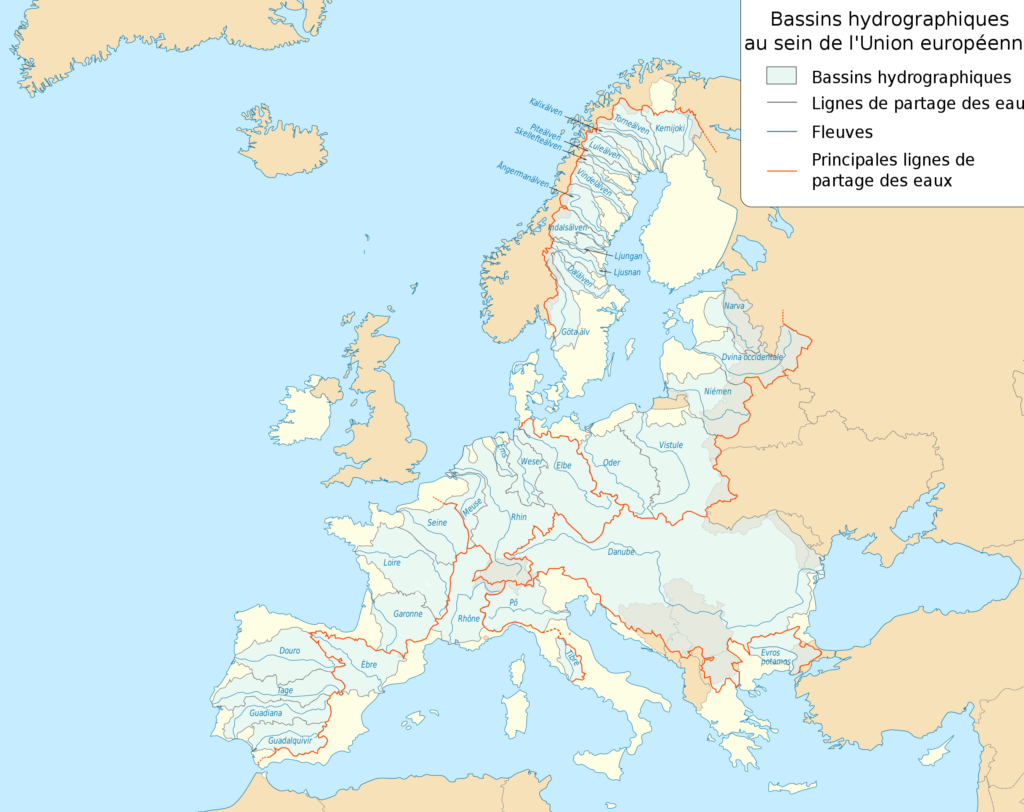 Carte des principaux bassins hydrographiques de l'Union européenne.