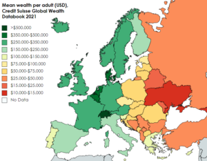 Carte de la richesse moyenne des adultes en Europe en 2021.