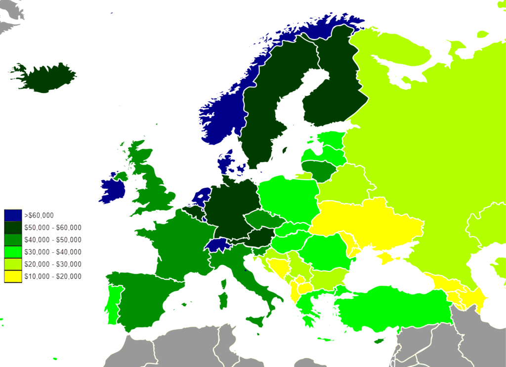 Carte du PIB (PPA) par habitant des pays européens en 2021.