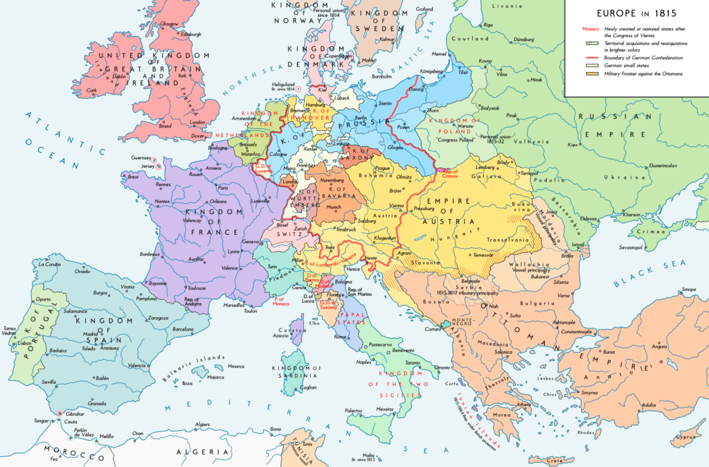 Carte des frontières nationales au sein de l'Europe convenue par le Congrès de Vienne.