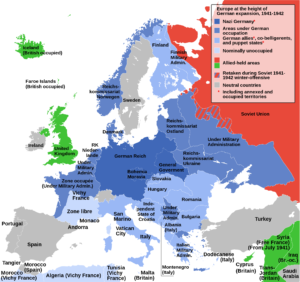 Carte de l'Europe au plus fort de l'expansion allemande 1941-1942.