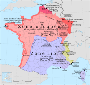 Carte de la France coupée en plusieurs parties en 1940.