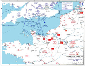 Carte des routes d'assaut du jour J (6 juin 1944) en Normandie.