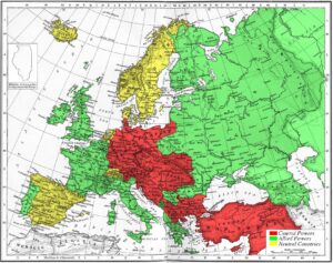 Carte des alliances militaires européennes en 1914-1918.