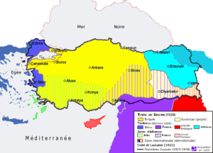 Carte des frontières de l'Empire ottoman suite au traité de Sèvres 1920 et du traité de Lausanne 1923.