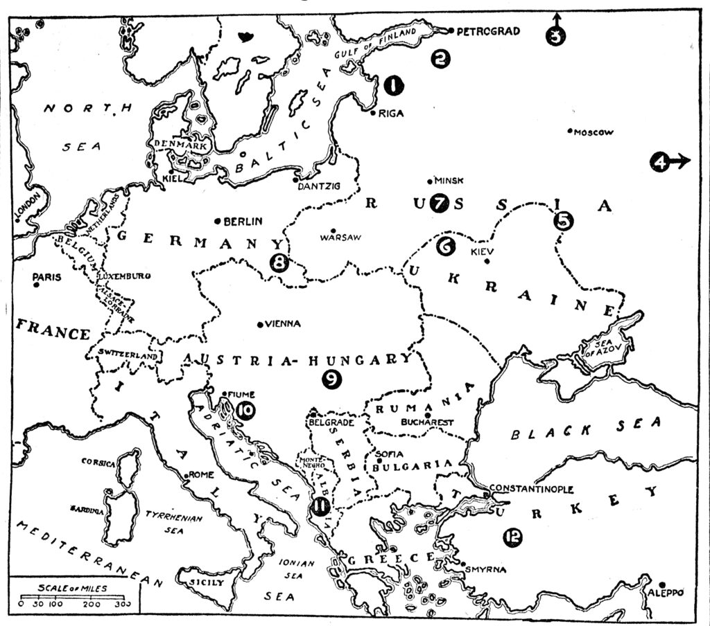 Carte des conflits armés en Europe centrale et orientale en 1919.