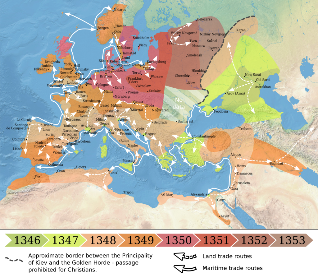 Carte de la peste noire en Europe entre 1346 et 1353.