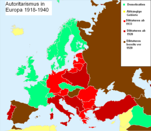 Carte de l'autoritarisme en Europe 1918-1940.