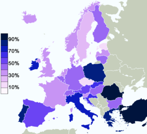 Carte de la croyance en Dieu en Europe 2005.