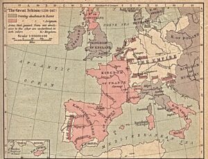 Carte du grand schisme du christianisme en Occident 1378-1417.