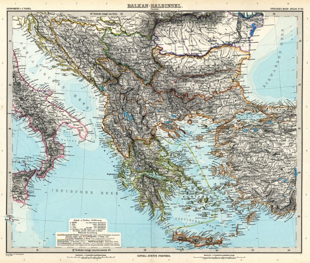 Carte physique des Balkans 1891.