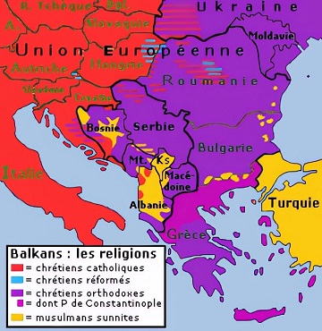 Carte montrant les confessions religieuses dans les Balkans.