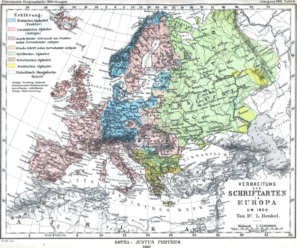 Carte de l'usage des scripts en Europe 1901.