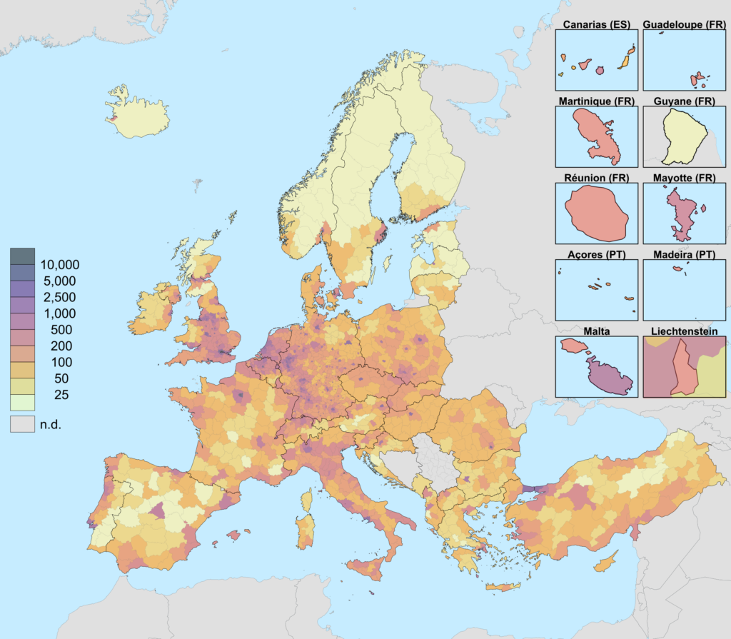 Carte de la densité de population dans l'Union européenne 2017.