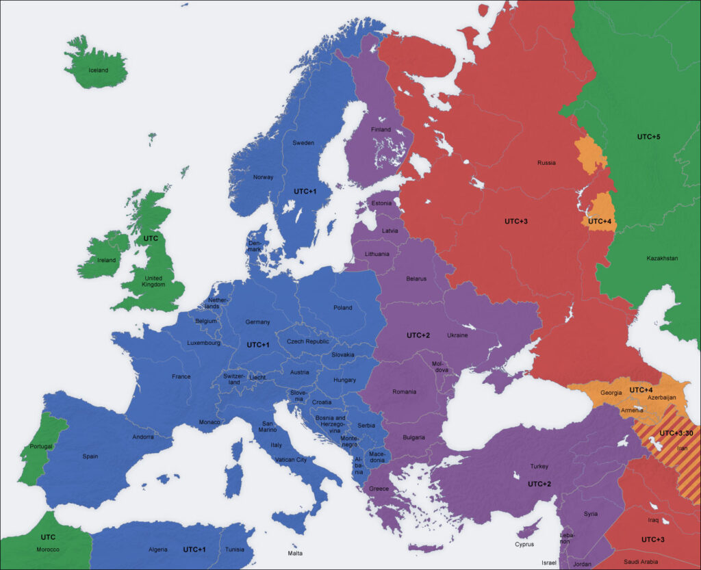 Carte des fuseaux horaires en Europe.