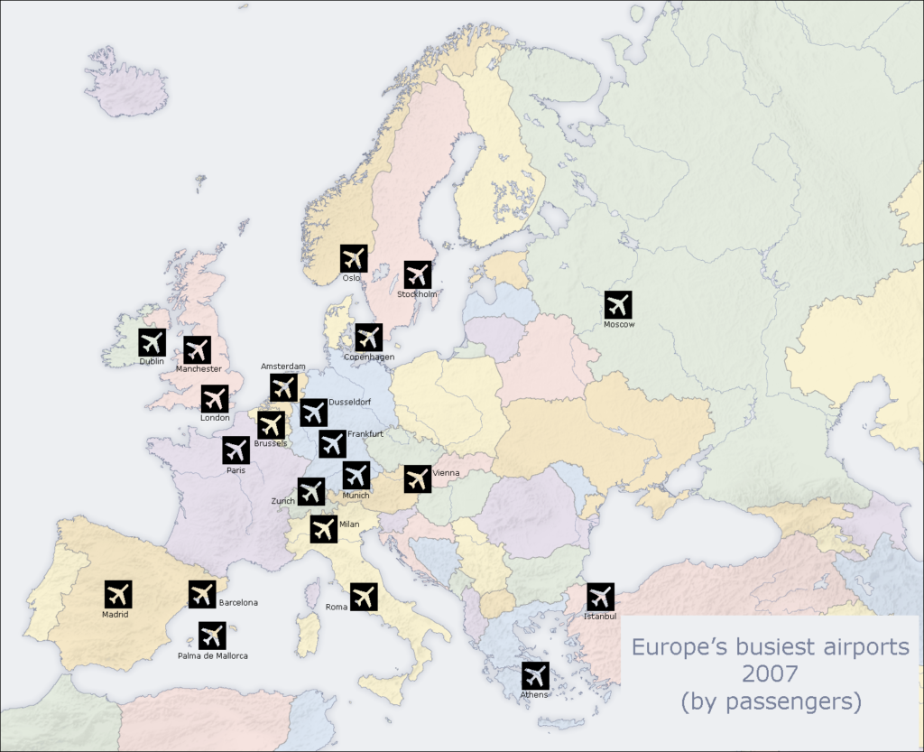 Carte des aéroports les plus fréquentés d'Europe par passagers 2007.