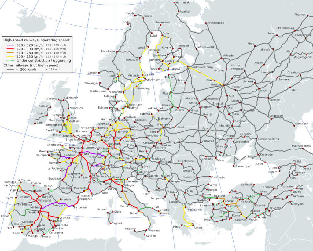 Carte ferroviaire à grande vitesse de l'Europe.