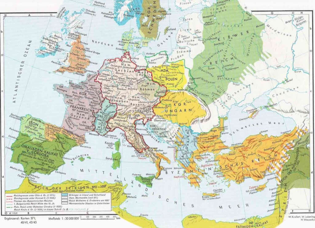 Carte de l'Europe au Moyen Âge entre 900 et 1000.