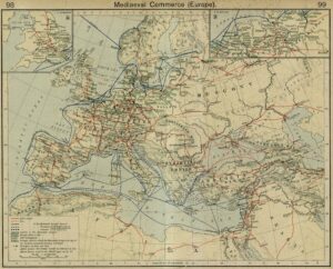 Carte du commerce en Europe au Moyen Âge.