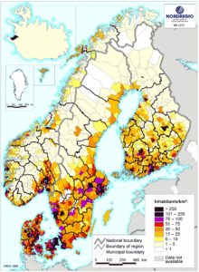 Carte de la densité de population de la Scandinavie.