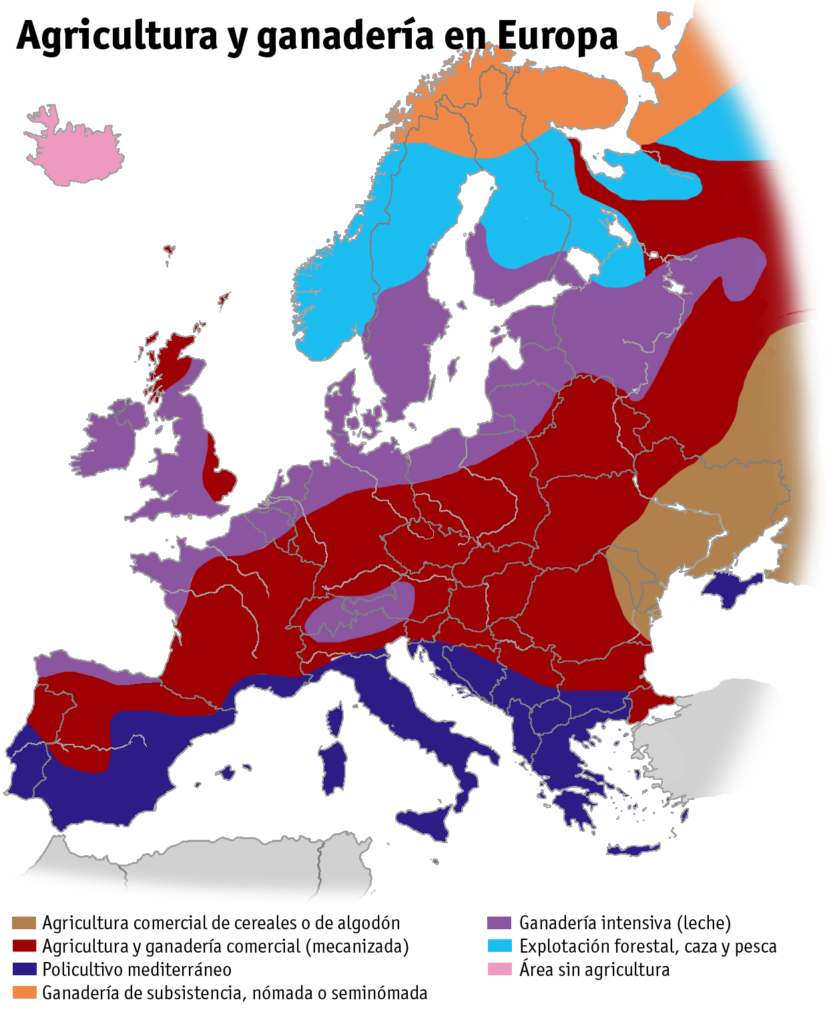 Carte de l'agriculture et de l'élevage en Europe.