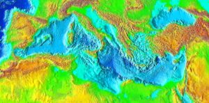 Carte bathymétrique de la Méditerranée.