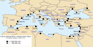 Carte des principales villes du bassin méditerranéen.