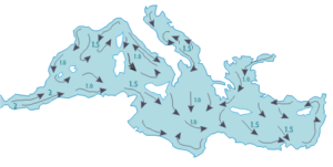 Courants de surface prédominants de la mer Méditerranée pour juin.