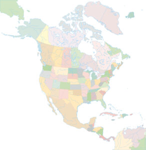 Carte politique vierge colorée de l’Amérique du Nord.