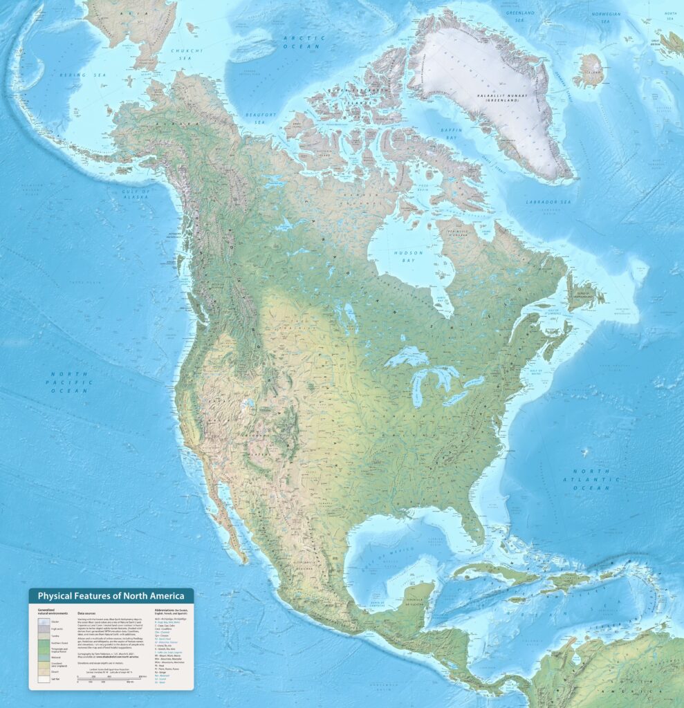 Carte physique de l'Amérique du Nord.