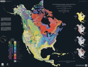Carte montrant l'âge variable du substrat rocheux sous-jacent à l'Amérique du Nord.